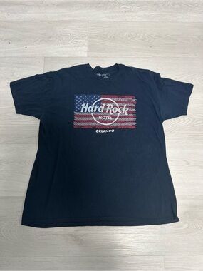 Hard Rock Cafe Black Tee with Red, White & Blue Flag Graphic